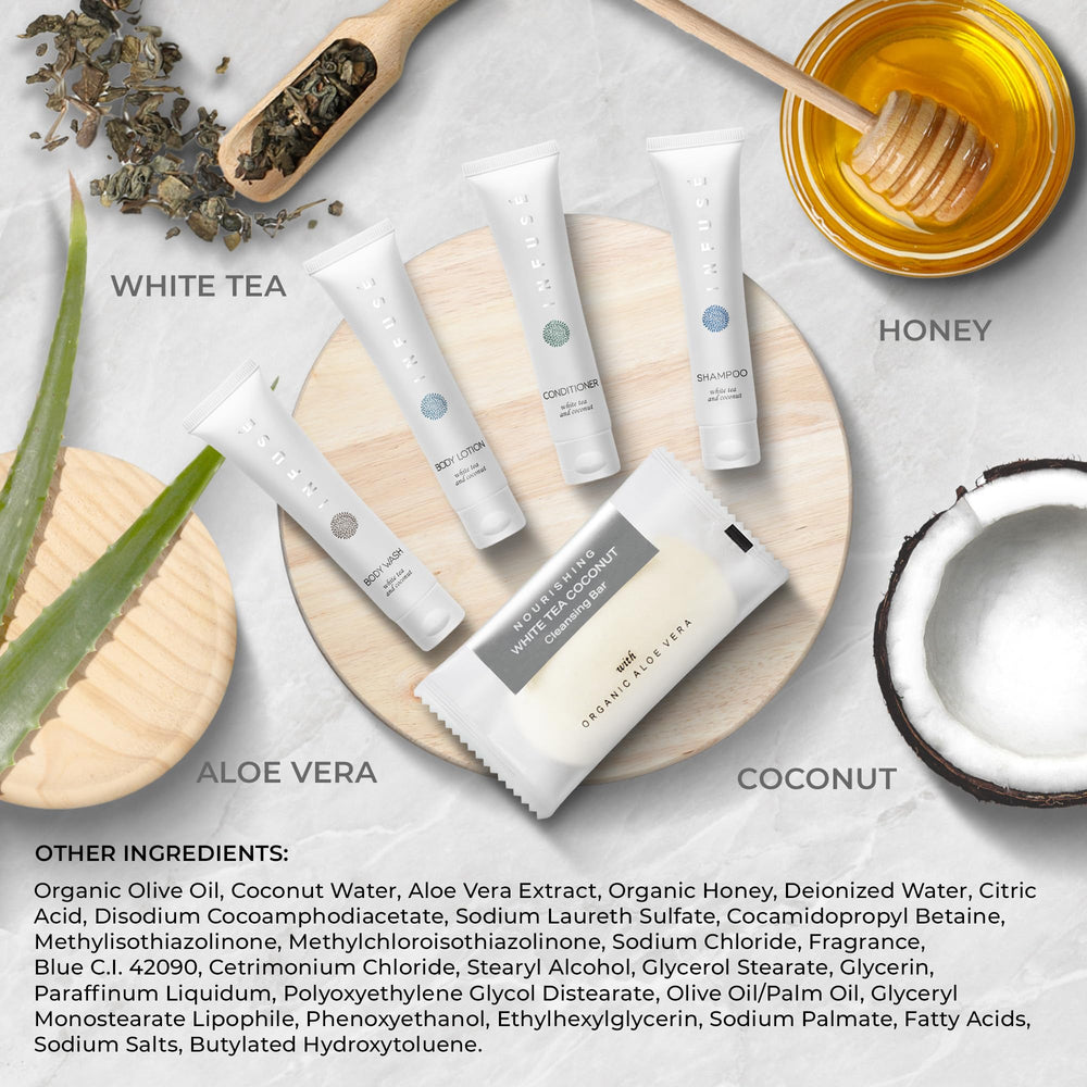 Terra Pure Infuse White Tea lotion bottle delivering moisturizing care for hotel guests.