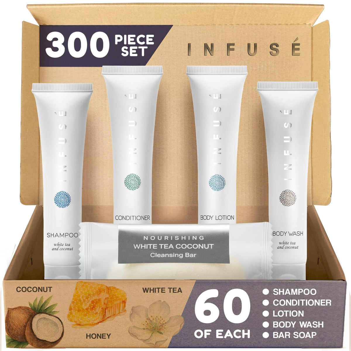 Terra Pure Infuse White Tea shampoo bottle for guest rooms with a refreshing scent.