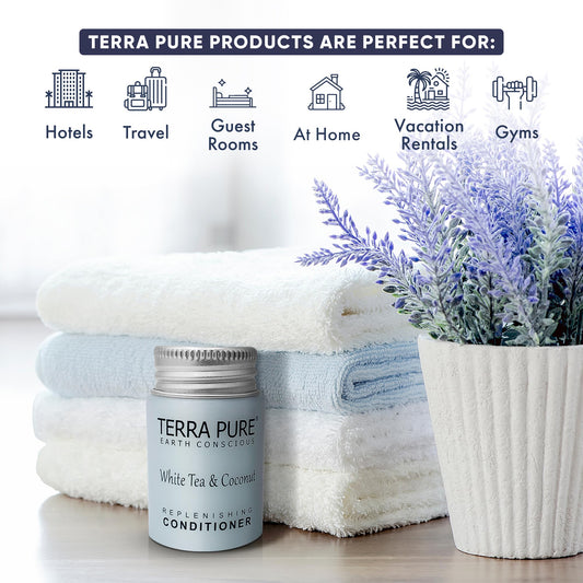 Terra Pure mini jam-jar conditioner with matte cap for guest room amenities.