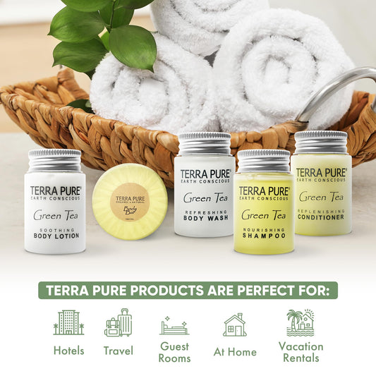 Terra Pure mini shampoo travel size for guest rooms with easy restocking.