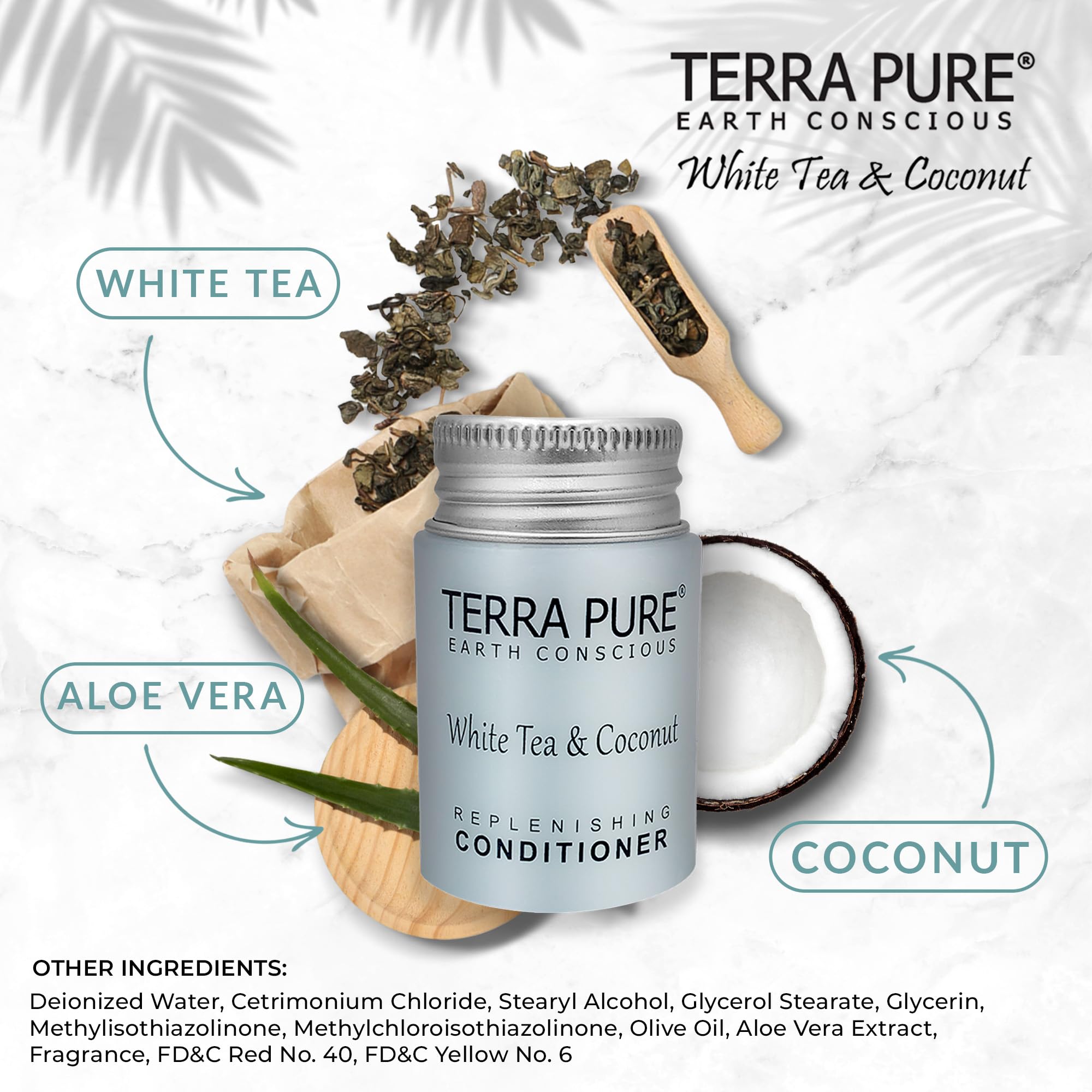 Terra Pure paraben-free conditioner label communicates gentleness and hotel-safe formulation.