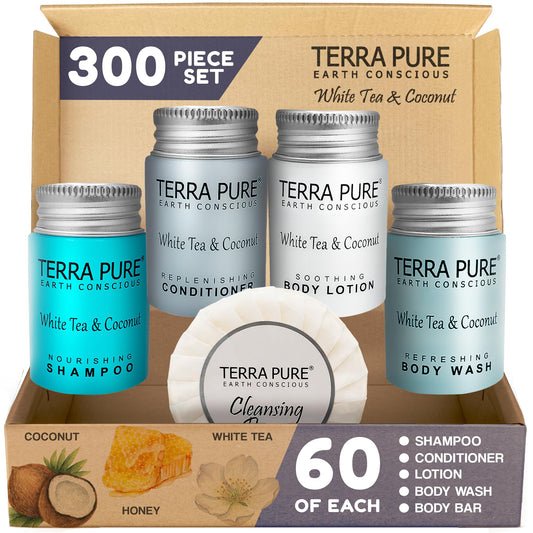 Terra Pure shampoo bottle with white tea and coconut aroma for refreshed hair