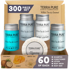 Terra Pure shampoo bottle with white tea and coconut aroma for refreshed hair