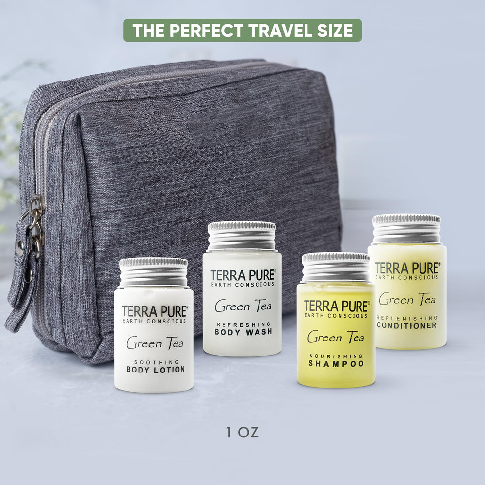 Terra Pure Toiletries Set packaging—elegant bulk kit for hotels, Airbnbs, and vacation rentals.
