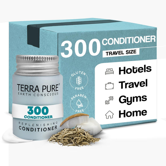 Terra Pure travel-size conditioner 1oz bottle for hotel rooms, convenient guest amenities.
