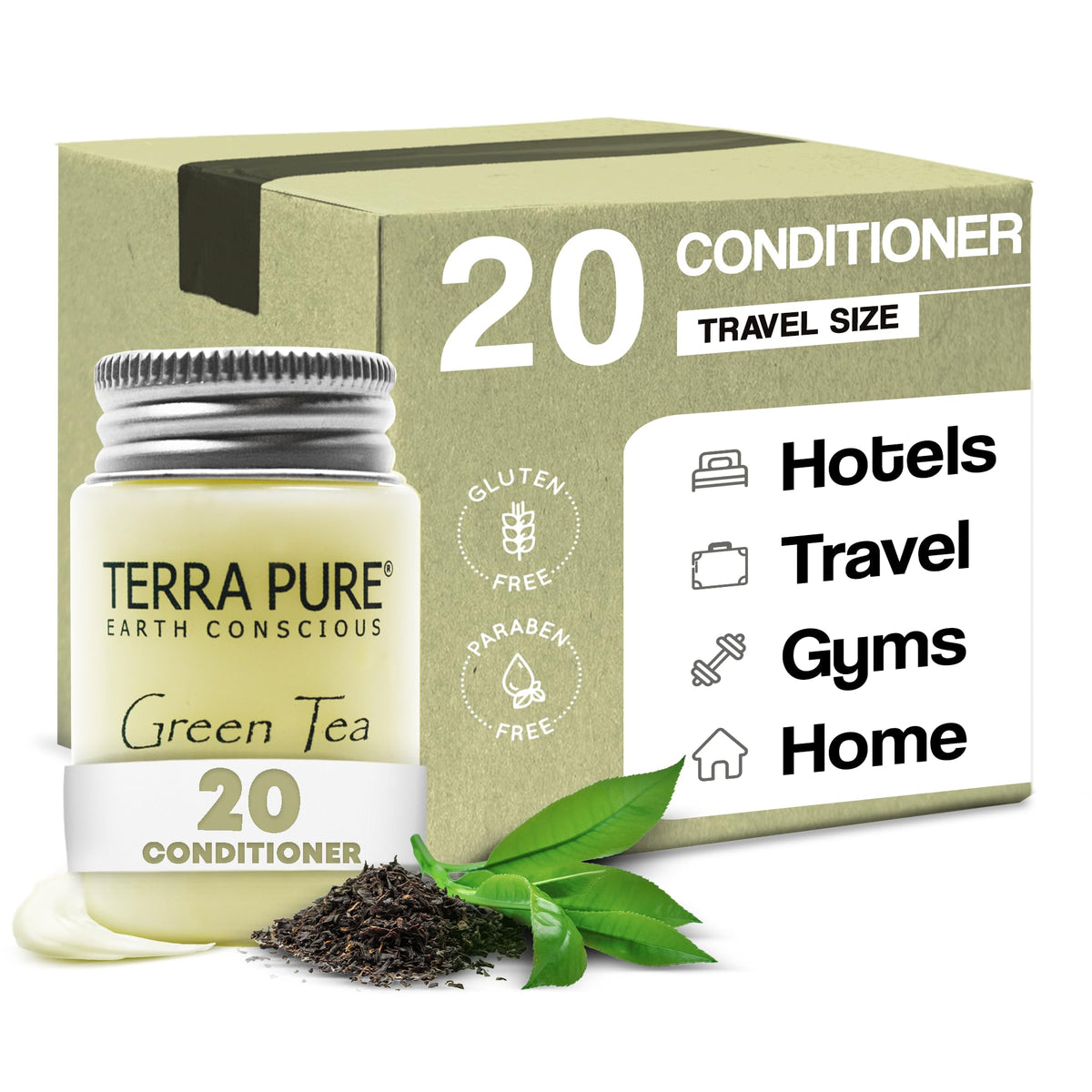 Terra Pure travel-size conditioner bottles on a shelf for guest amenities