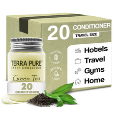 Terra Pure travel-size conditioner bottles on a shelf for guest amenities