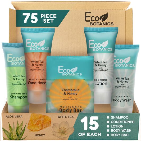 Terra Pure travel-size toiletry set bottles arranged for guest comfort and convenience.