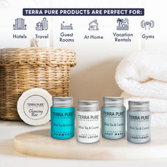 Terra Pure conditioner bottle offering luxurious guest-ready rinse for silky hair.