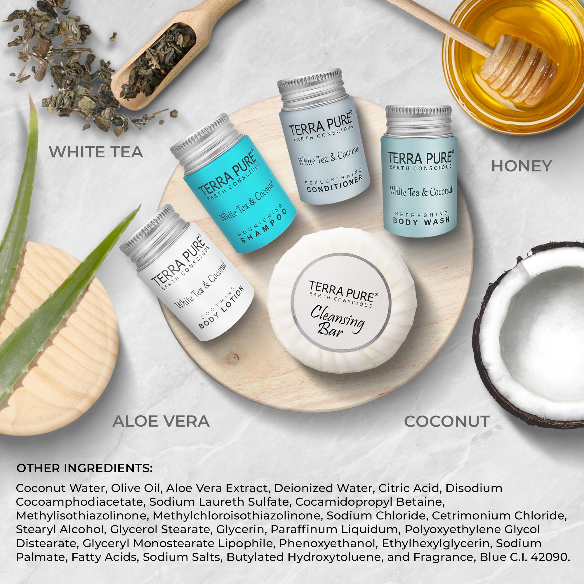 Terra Pure lotion bottle with hydrating formula for hotel room care.