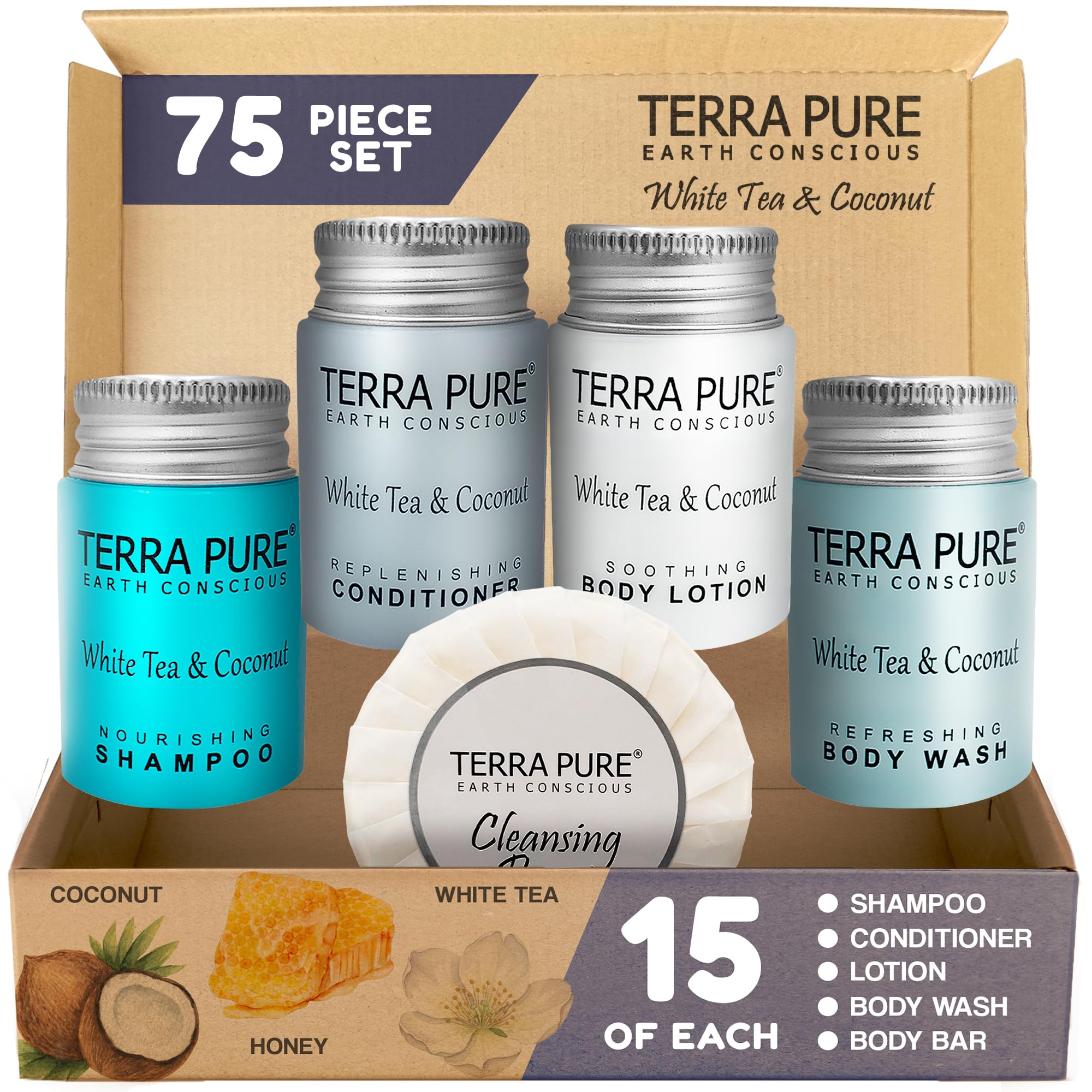 Terra Pure shampoo bottle with white tea and coconut scent for hotel guests.