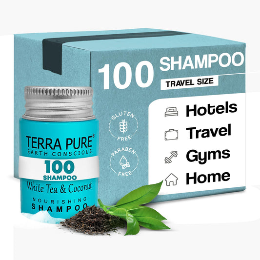 Terra Pure white tea and coconut travel shampoo in a mini jar for hotel guest rooms.