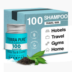 Terra Pure white tea and coconut travel shampoo in a mini jar for hotel guest rooms.