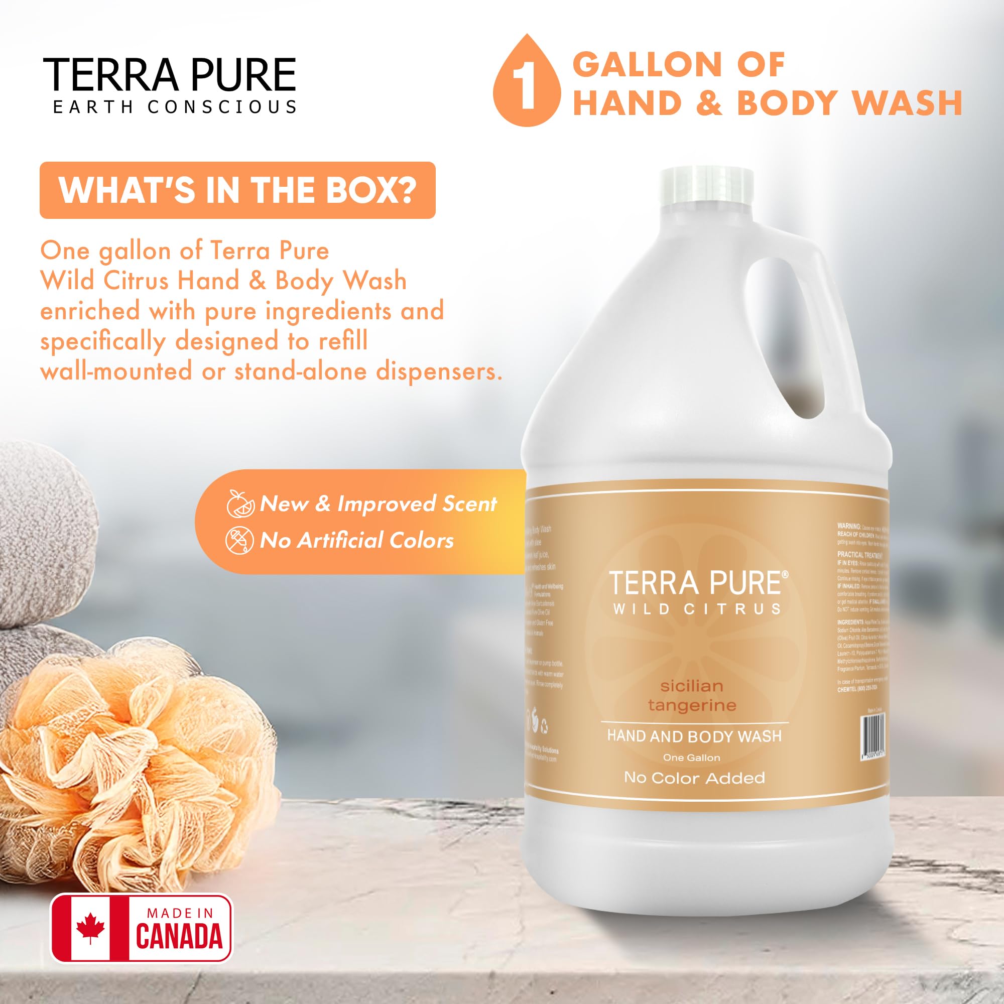 Terra Pure Wild Citrus gallon wash beside guest bathroom sink for daily use.