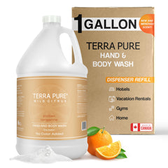 Terra Pure Wild Citrus gallon wash in a wall dispenser for hotels and spas.