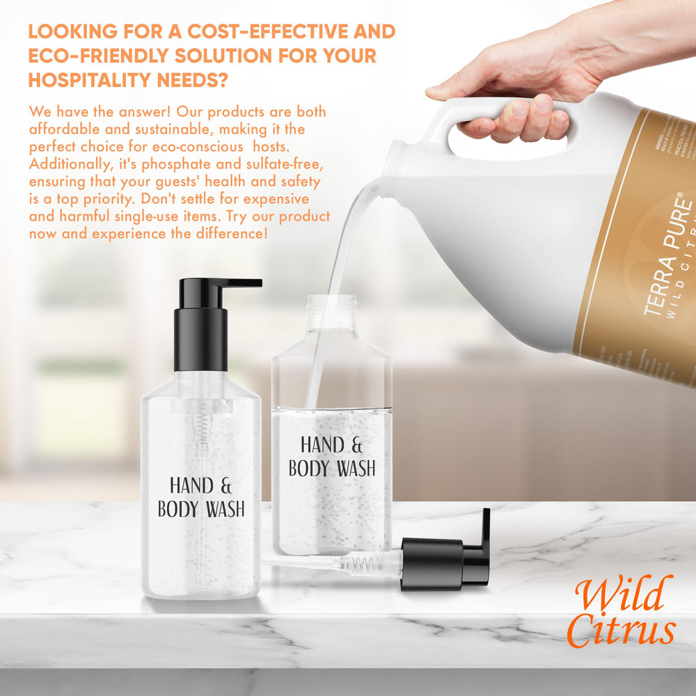 Terra Pure Wild Citrus gallon wash displayed in a hotel lobby setup for guests.