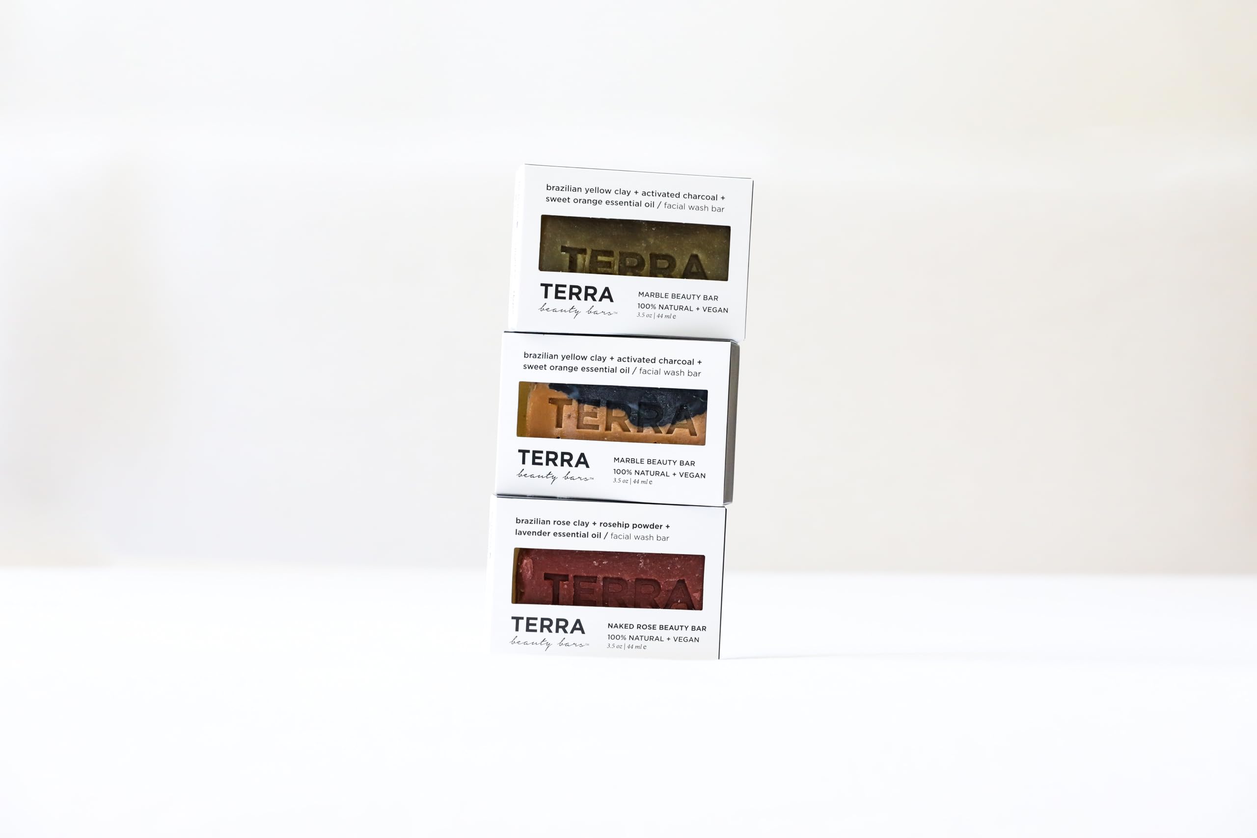 Terrabeautybars Marble Beauty Bar closeup, clay and charcoal for detoxifying daily cleansing.