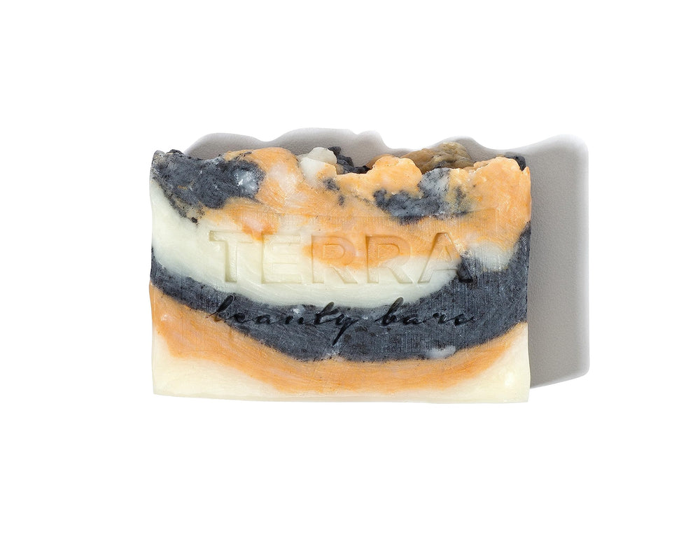 Terrabeautybars Marble Beauty Bar closeup, nourishing cleanser with purifying Brazilian clay.