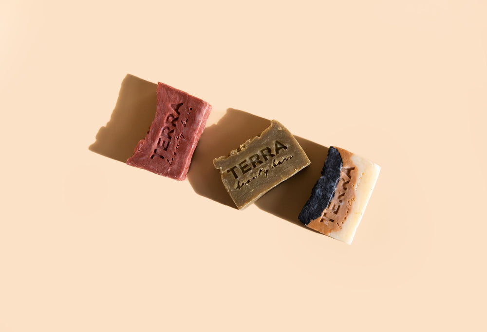 Terrabeautybars Marble Beauty Bar on sink, ready for daily facial cleansing routine.