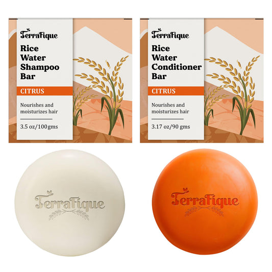 Terrafique Rice Water Shampoo Bar close-up, compact travel-friendly hair care.