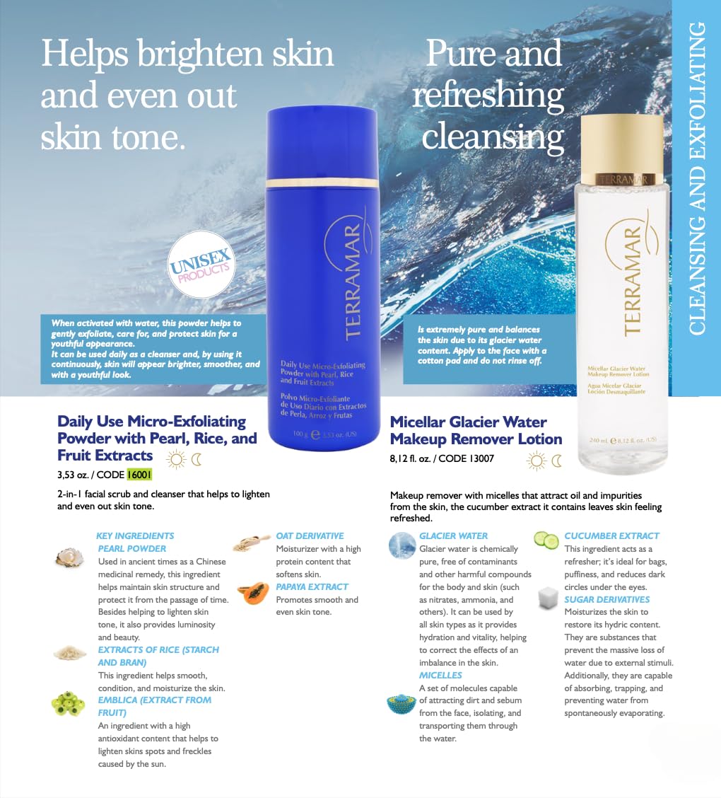 Terramar micro-exfoliating powder water-activated foam showing soft lather for gentle cleansing.
