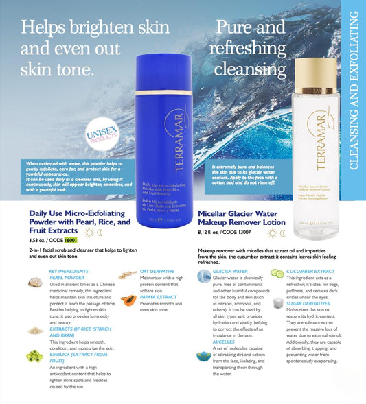 Terramar micro-exfoliating powder water-activated foam showing soft lather for gentle cleansing.