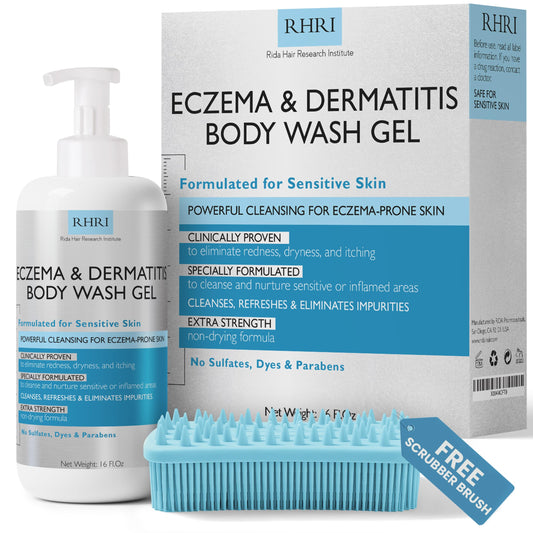 Terramed Eczema Body Wash bottle pouring for a gentle cleanse on sensitive skin
