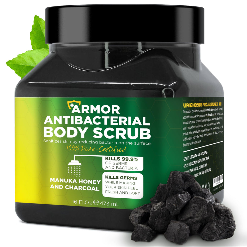 Terramed Just Think Comfort antibacterial scrub bottle pours for daily cleansing.
