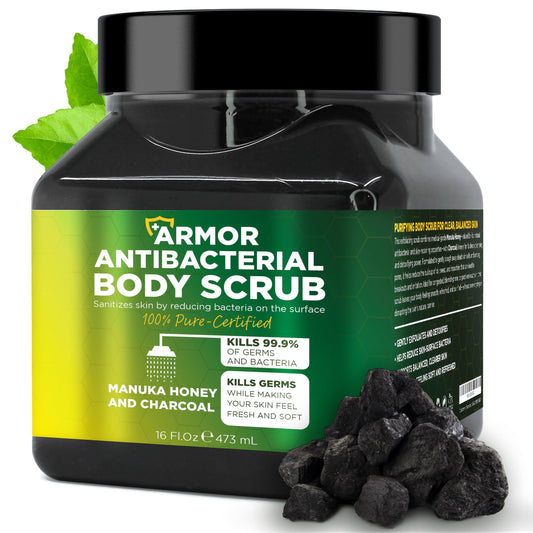 Terramed Just Think Comfort antibacterial scrub bottle pours for daily cleansing.