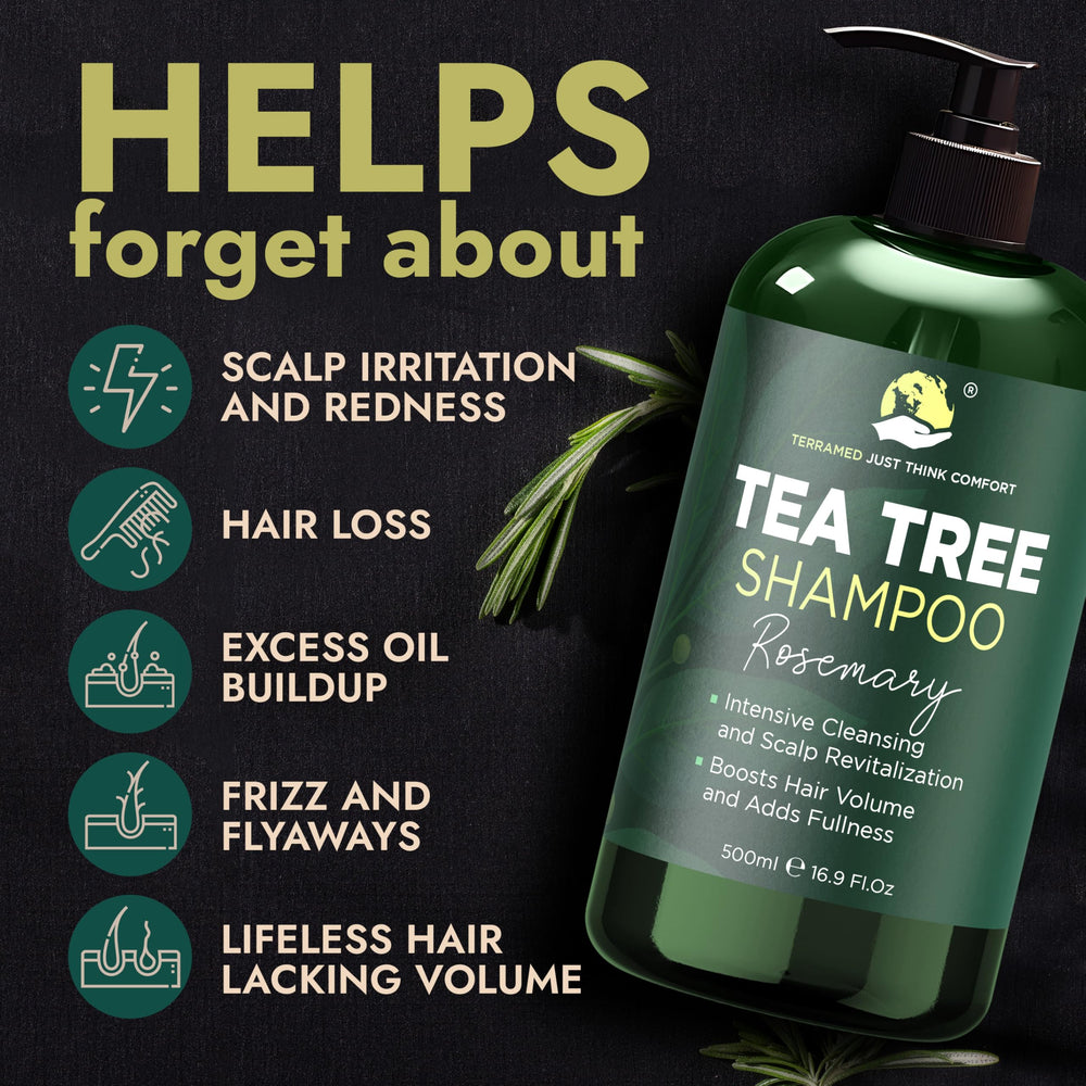 Terramed Just Think Comfort rosemary conditioner bottle helps smooth hair and calm scalp.
