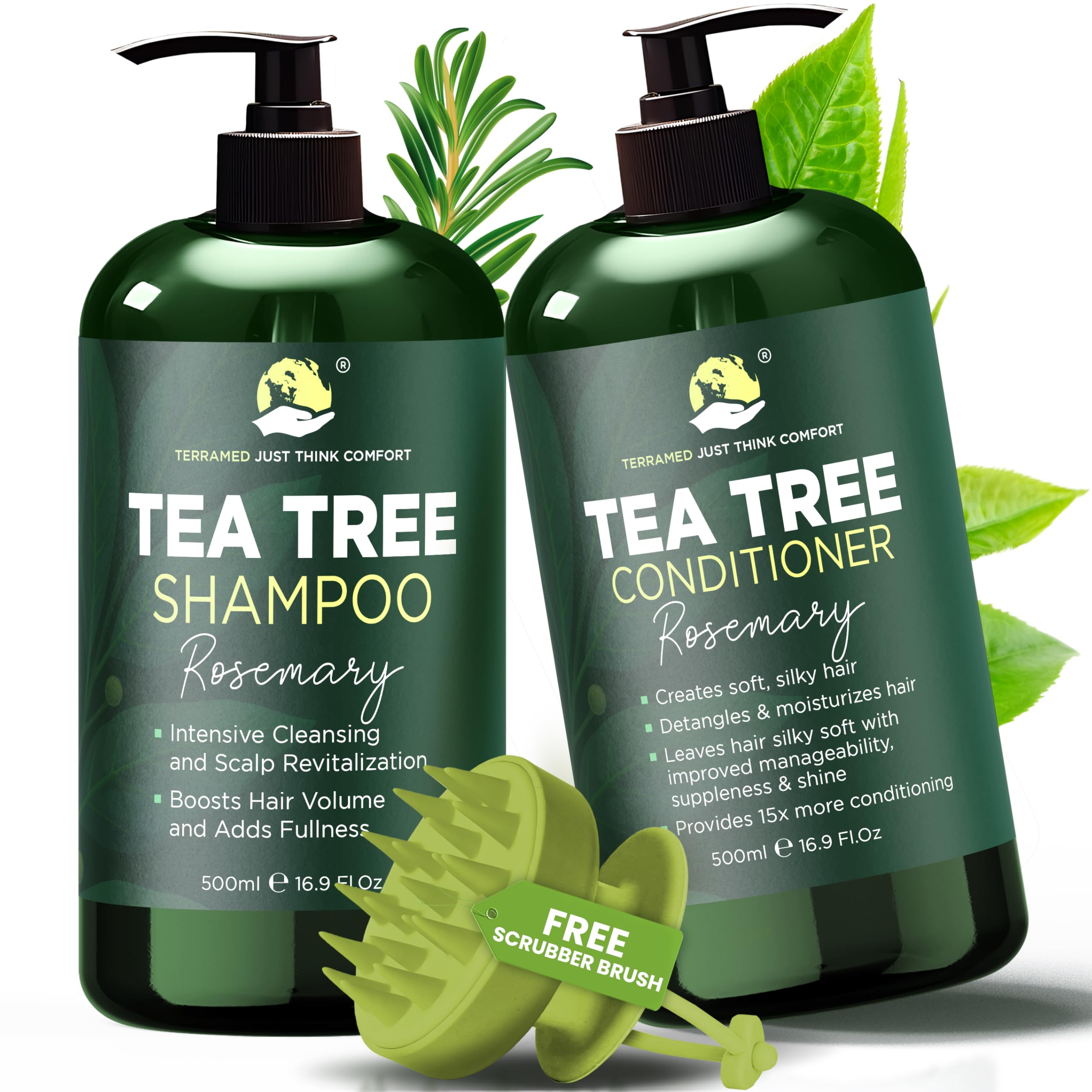 Terramed Just Think Comfort rosemary shampoo bottle with tea tree oils promotes soothing scalp relief and shine.