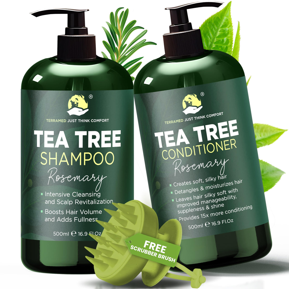 Terramed Just Think Comfort rosemary shampoo bottle with tea tree oils promotes soothing scalp relief and shine.