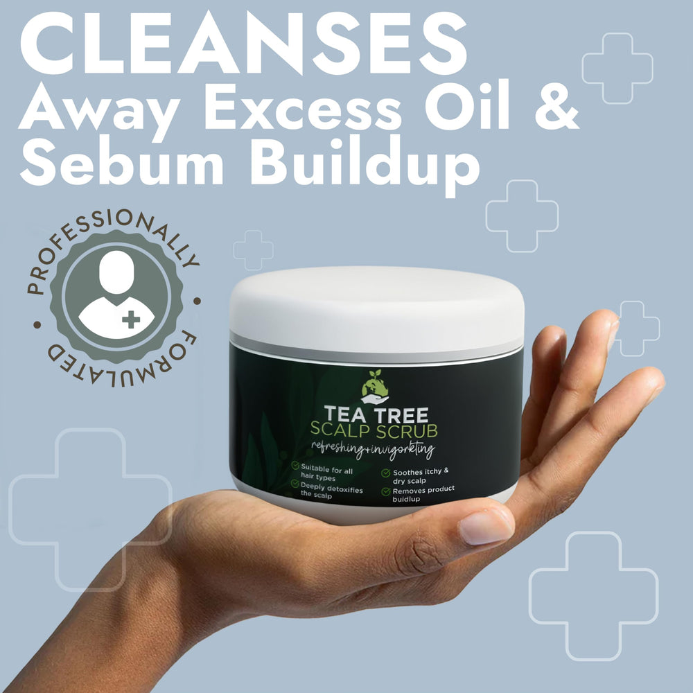 User applying Terramed scalp scrub during routine for a refreshed, balanced scalp.