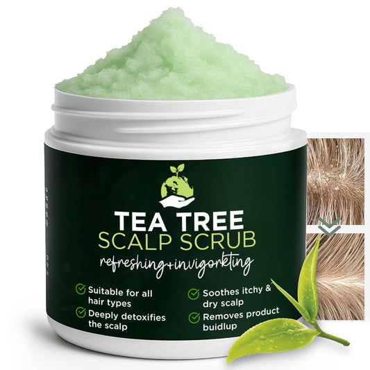 Terramed Tea Tree Scalp Scrub jar delivers gentle exfoliation for a healthy-feeling scalp.