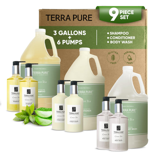 Terra Pure gallon shampoo dispenser offers hotel-grade luxury for guest rooms