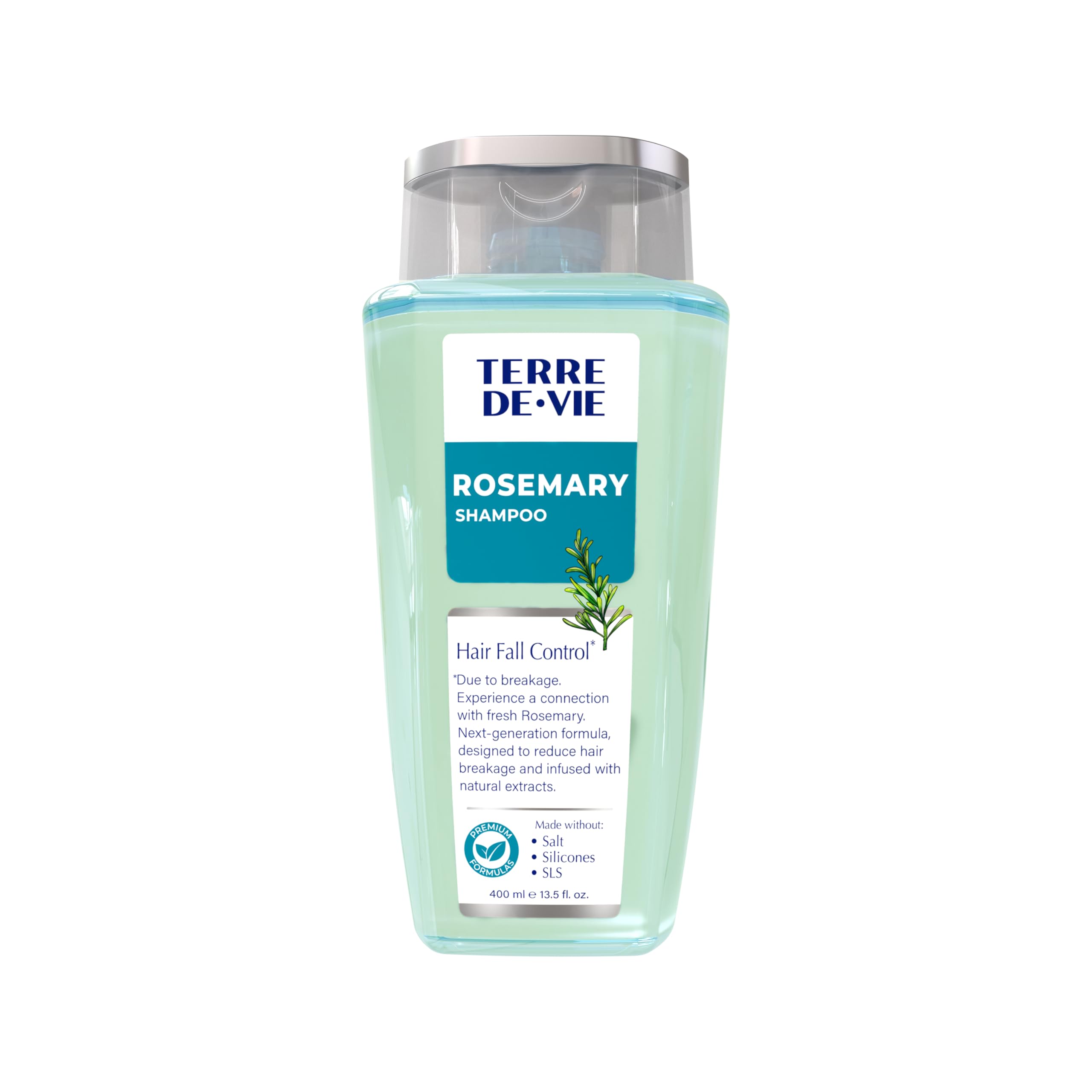 Terre De Vie rosemary shampoo bottle showing hydrating formula for balanced hair