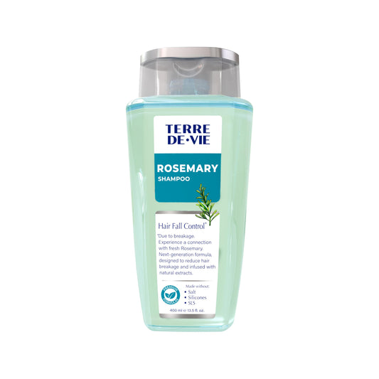Terre De Vie rosemary shampoo bottle showing hydrating formula for balanced hair