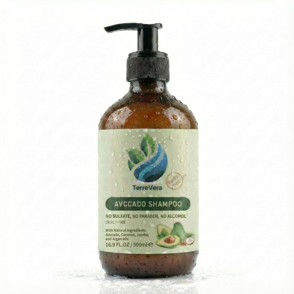 TerreVera Avocado Shampoo bottle showcases a luxurious salon-quality cleanse for daily hair care.