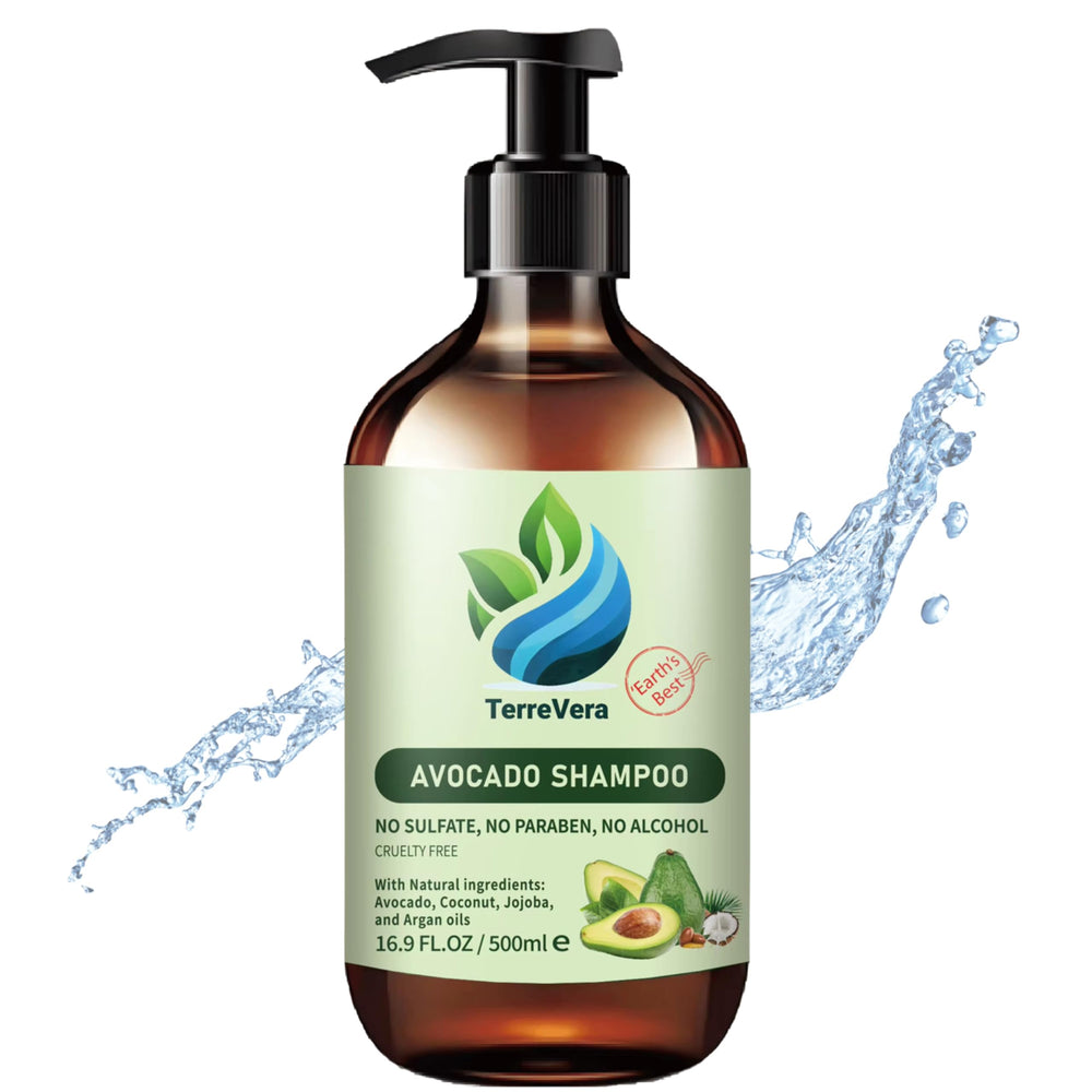 TerreVera Avocado Shampoo everyday-use bottle on bathroom shelf.