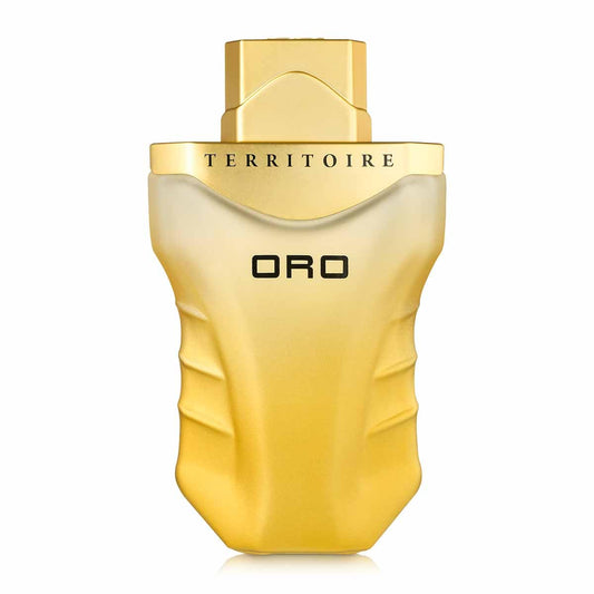 Territoire Pour Homme Oro bottle close-up highlights grapefruit and cardamom opening.