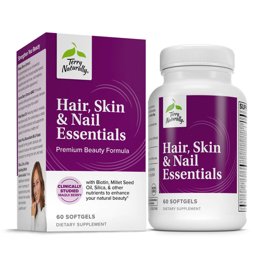 Terry Naturally Hair, Skin & Nail Essentials bottle shown for daily wellness support for hair and nails