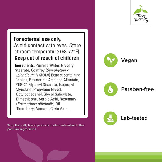 Traumaplant Comfrey Cream label highlights vegan and paraben-free ingredients