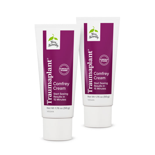 Terry Naturally Traumaplant Cream bottle shows non-staining formula ideal for daily use