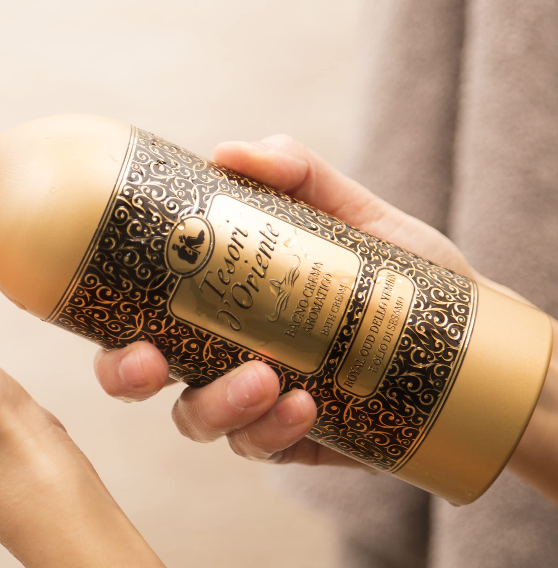 Product on shelf evokes a spa-like shower experience at home.
