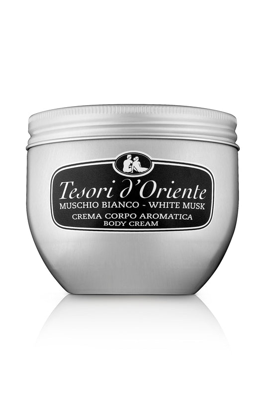 Tesori d'Oriente body cream bottle with White Musk fragrance for daily nourishment.