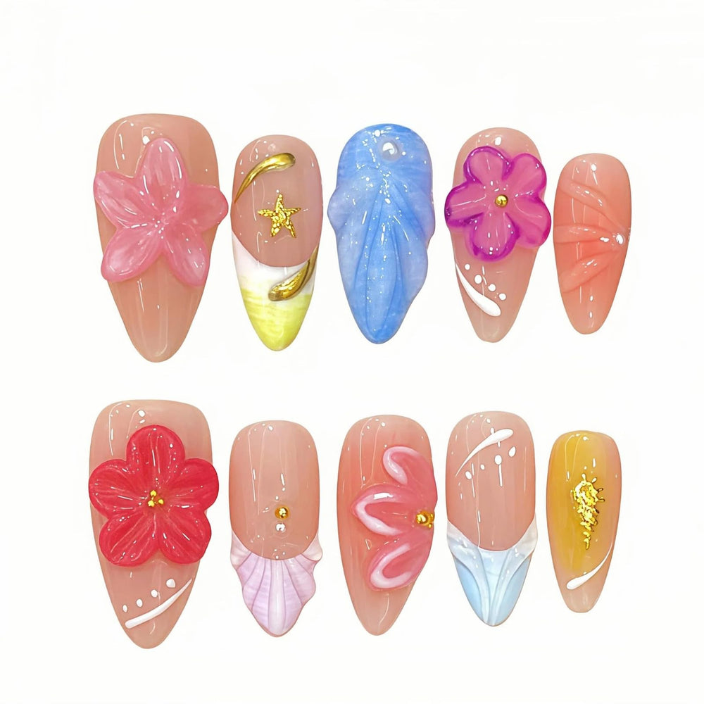 Tesytto 3D floral carved nails in almond shape with glossy finish.