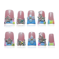 Tesytto duck-shaped press-on nails with 3D floral petals and stars for a bold look