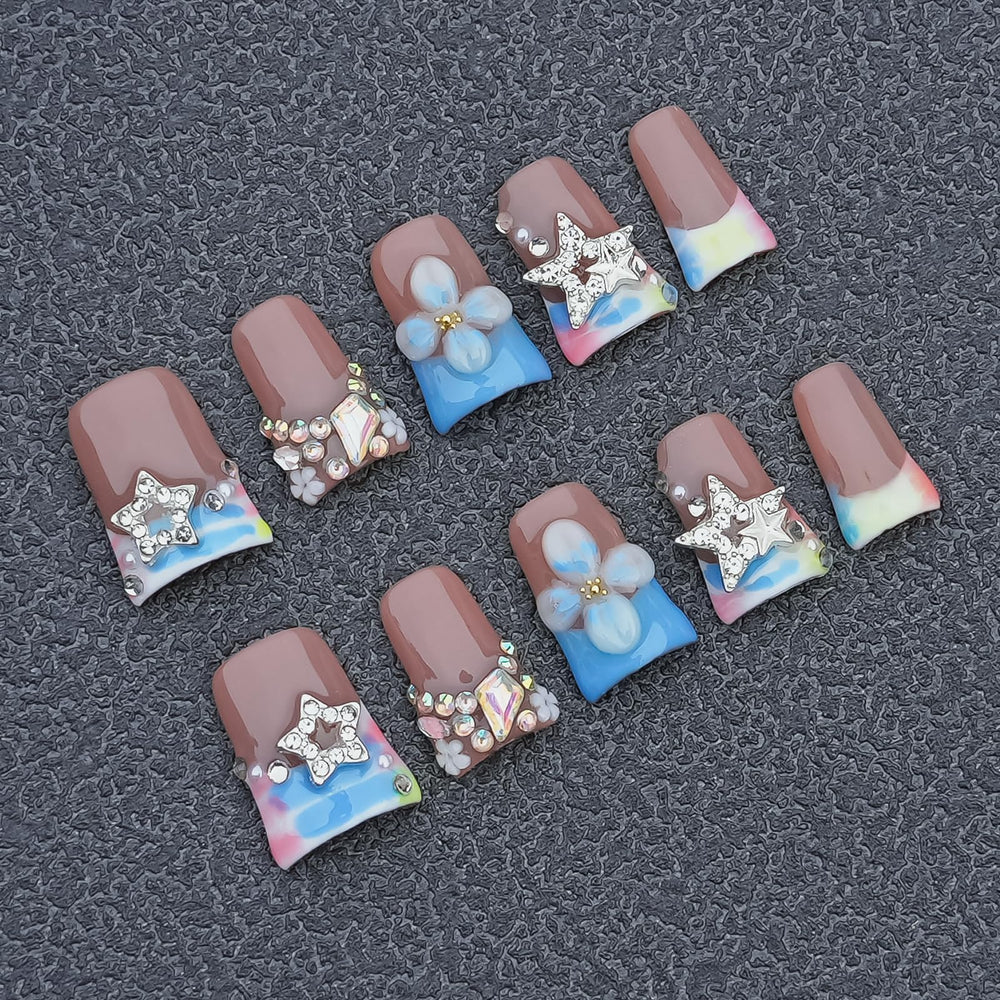 Tesytto pastel pink-blue nails with French tip for versatile daily wear