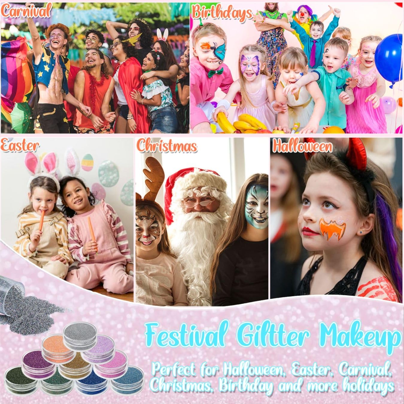 TEUVO Face and body glitter designs ready for party-ready moments.