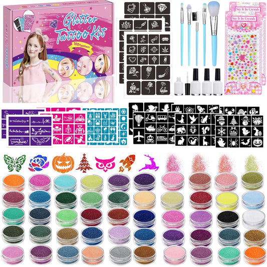 TEUVO Glitter Tattoo Kit with 50 colors for vibrant kid-friendly designs.